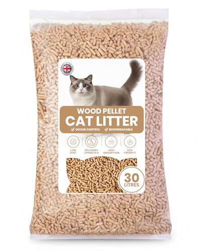 30L Cat Litter Wooden Pellets - Ultra Absorbent & Biodegradable Wood Pellet Cat Litter Eco Friendly with Odour Control Soft Non-Clumping Bedding Made from Virgin Scandinavian Timber