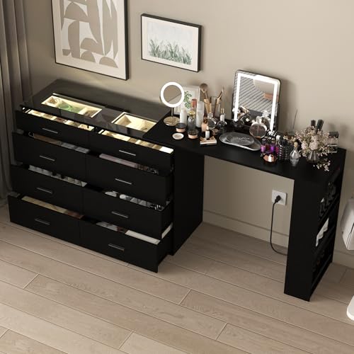 Image of Black Vanity Glass Top with LED Lights,Makeup Vanity Desk with Power Outlets,Corner Vanity with 8 Drawers and 3 Open Storage Shelves,Extendable Modern Dressing Table