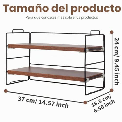 Miniatura 2 de Powerking Organizador De Escritorio, Marco De Metal Pintado Negro De 2 Niveles Y Estantes De Escritorio De Madera De Teca Oscura, Estantería Multiusos Para Mesa, Oficina Y Sala De Lectura