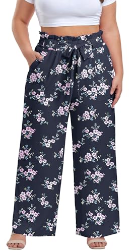 Image of OLRIK Women's Plus Size Pants Adjustable High Waisted Wide Leg Palazzo Pants Casual Trousers with Pockets Spring Clothes