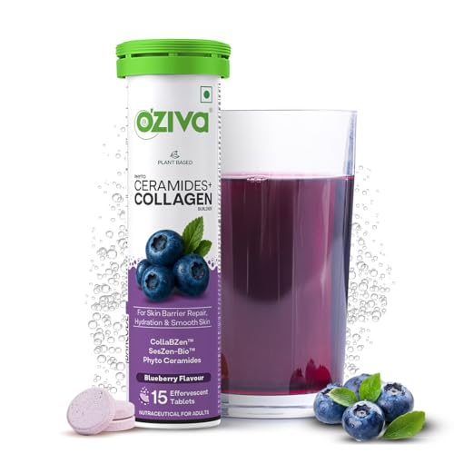 OZiva Phyto Ceramides+ Collagen Builder | For Mositure Retention, Barrier Repair & Hydration Boost | With Suran Extracts, CollabZen & SesZen-Bio | Blueberry Flavour | 15 Effervescent Tablets