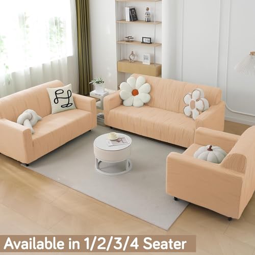 Image of HOKIPO 3 Seater Sofa Cover - 200 GSM Premium Jacquard Stretchable Fully Covered Slipcover,' Nestiva Series' Blush Beige (NEW-AR-5309-BGE)