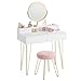 VASAGLE Coiffeuse avec Miroir Pivotant et Taboutret, Miroir Coiffeuse, avec Éclairage et Multiprise, Tabouret Rembourré, pour Chambre, Coiffeuse, 40 x 80 x 134,8 cm, Blanc Mat et Doré Clair RVT019W01