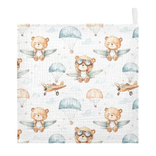 Image of vvfelixl Cute Bear Pilot Baby Burp Cloths Baby Muslin Washcloths for Boys Girls Cotton Babys Face Towel for Newborn Infants Soft and Absorbent 11.8 X 11.8 in, 5 Pack
