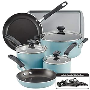 Farberware Cookstart DiamondMax Nonstick Cookware/Pots and Pans Set, Dishwasher Safe, Includes Baking Pan and Cooking Tools, 15 Piece – Aqua
