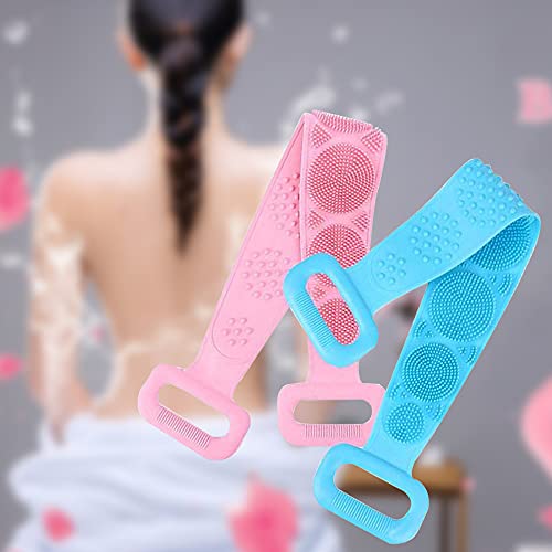 2 Packs Exfoliating Silicone Back Scrubber for Shower, Women Men Loofa Bath Body Brush，Back Washer Straps Deep Clean for Itchy Skin，Acne，Lather Well，Easy Dry (Pink+Blue)