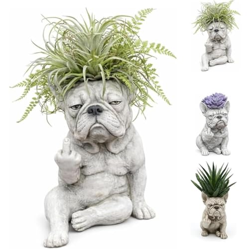 Funny French Bulldog Planter Pot Resin Dog Statue for Indoor Outdoor Plants Cute Animal Flower Pot with Drainage Hole for Succulents Unique Garden Home Office Decor Gift (B#)