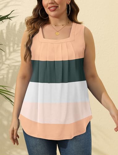 Image of Saloogoe Summer Tank Tops for Women Loose Fit Pleated Square Neck Sleeveless Tops Curved Hem Flowy