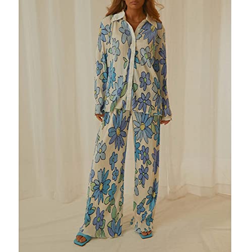 Nufiwi Women Y2K 2 Piece Pants Set Oversized Floral Printed Button Down Shirt High Waist Pants Outfits Summer Streetwear (A Floral Blue, Medium) #TOP2