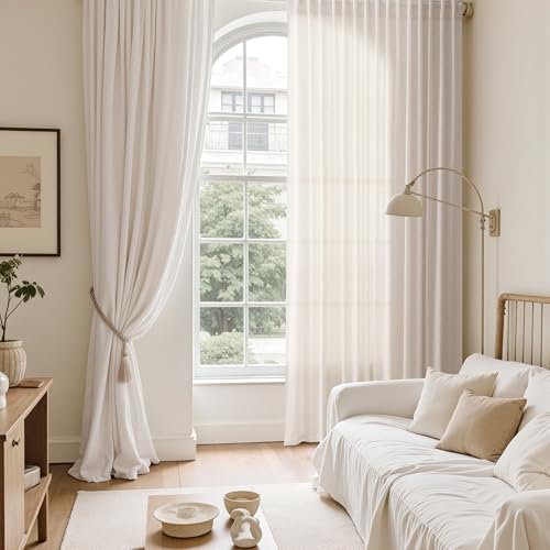 Image of Ivory White Linen Back Tab Curtains 84 Inch Length for Bedroom /Living Room 2 Panel Set Neutral Modern Farmhouse Window Privacy Semi Sheer Linen Drapes Rustic Pinch Curtain Ivory 52X84