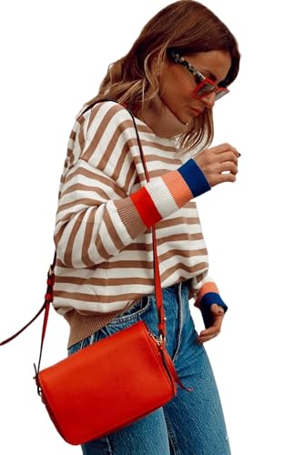 Women's Brown Stripe Colorblock Bishop Sleeve Turtleneck Sweater