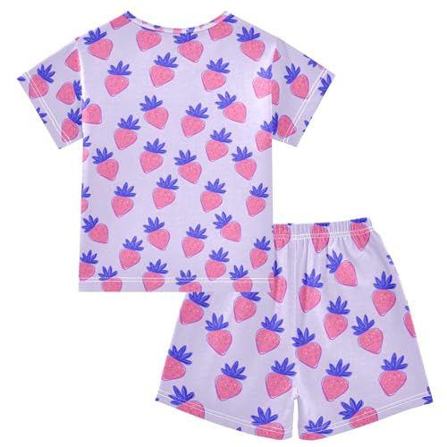 Strawberry Purple Cute Cartoon Pattern Summer Cute Pajama Sets, Short Sets for Daily Wears and Sleep Wears2