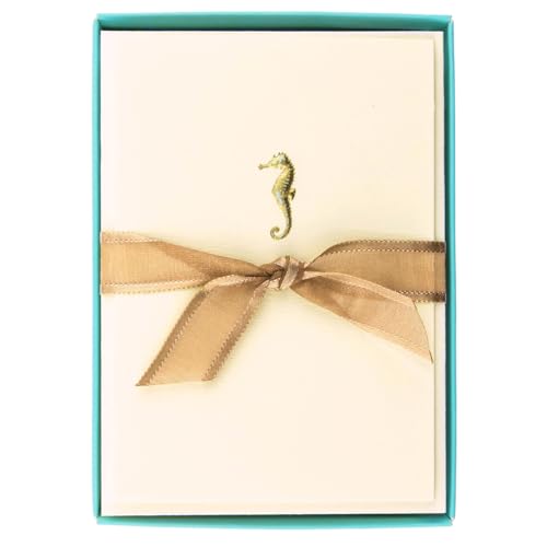 Image of Graphique Seahorse La Petite Presse Boxed Notecards - 10 Embossed and Embellished Gold Foil Seahorse Blank Cards with Matching Envelopes, 3.25 inch inch x 4.75 inch inch inch (L1329CB)