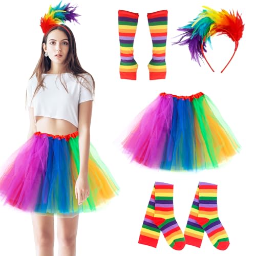 JWTRSVTY 4PCS Costume Arcobaleno Da Donna, Costume Carnevale Arcobaleno Set, Con Gonna Tulle Arcobaleno, Copricapo Di Piume Colorate, Calze Al Ginocchio, Guanti Senza Dita, per Carnevale Cosplay Feste