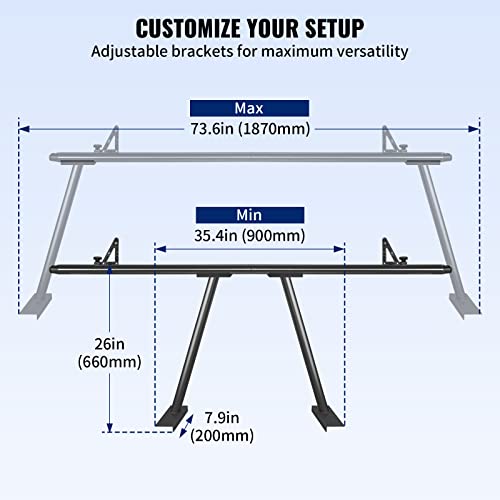 Vevor Universal Truck Rack, 800 Lbs Capacity, Extendable Aluminum Pickup Truck Ladder Rack With Non-Drilling C-Clamps, Heavy Duty Truck Bed Rack Two Bar Set For Kayaks, 71X28X7.9 In, Black #TOP3