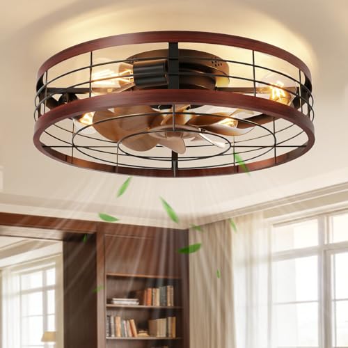 Image of VOLISUN Farmhouse Caged Ceiling Fans with Lights Flush Mount, 19.7'' Rustic Low Profile Ceiling Fan with Light and Remote, Bladeless Fandelier Ceiling Fans with Lights for Kitchen, Bedroom(Wood)