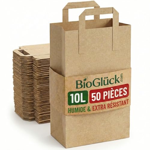 Sacs poubelles bio 10L avec poignée – BIOGLÜCK® Sacs papier [50 unités] – résistants à la déchirure, étanches & sans plastique – sacs poubelles bio compostables pour cuisine & bac à compost