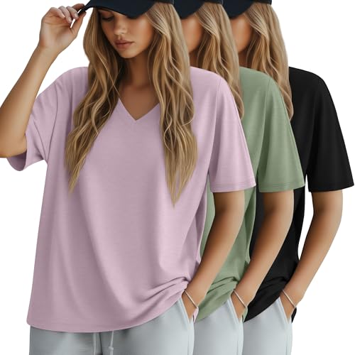Huukeay 3 Pack Women's Oversized Cotton T-Shirts V Neck Loose Fit Casual Workout Tees Soft Short Sleeve Tops(X-Large,Black, Lake Green, Taro Purple)