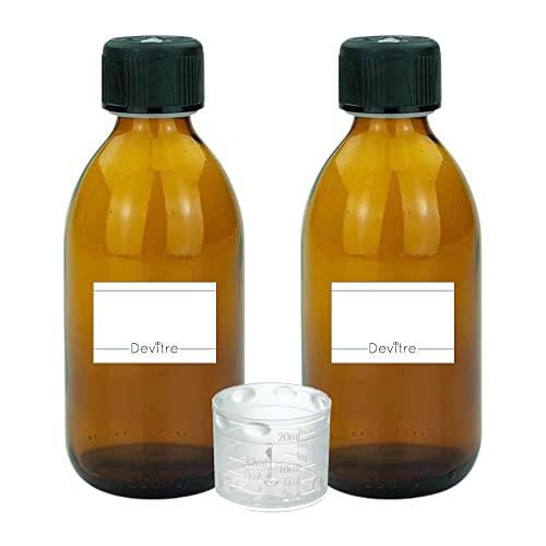 Devitre 2 braune Glasflaschen 250 ml mit Deckel Messbecher und Beschriftungsetiketten
