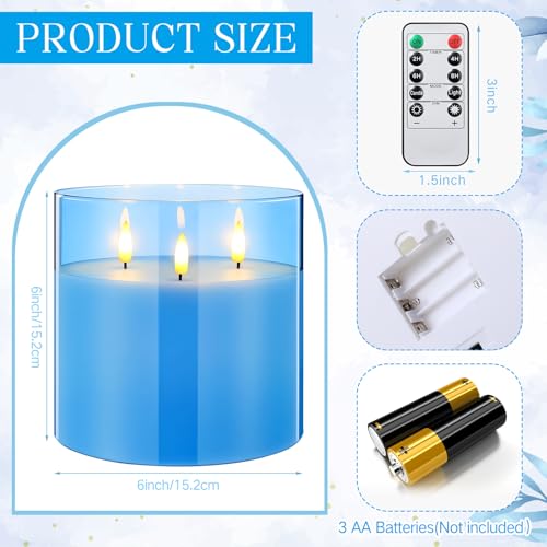 Image of Retisee 6'' x 6'' Extra Large Flameless Candles, 3 Wick Glass Large Fall Candles with Remote Control and Timer Function, Real Wax LED Pillar Flickering for Autumn Party Decor(Classic,Blue,1 Pcs)