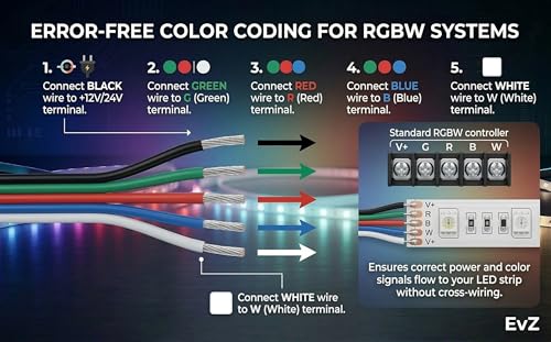 EvZ 22 AWG 5-Pin RGBW LED Extension Cable (66ft/20m) - 5 Conductor 22 Gauge Parallel Hookup Wire for 5050 3528 RGB+White LED Strips, 12V/24V DC Ribbon Lights, Flexible tinned Copper (B-G-R-B-W) by EvZ - Image 4