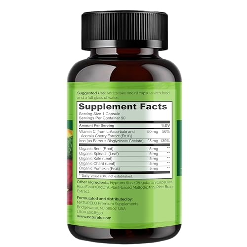 image for NATURELO Vegan Iron Supplement with Vitamin C and Organic Whole Foods 