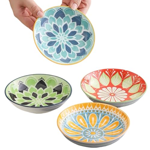 Image of yaocoral Set of 4 10 OZ Colorful Ceramic Dessert Bowls Bohemian 6 inch Serving Dishes Cute Shallow Bowls for Appetizer,Side Dishes,Sushi,Salad,Snack,Icecream,Fruit,Microwave Dishwasher Safe