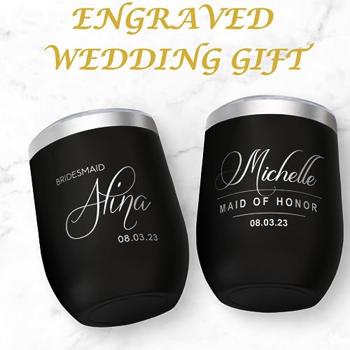 Gifts Inscribed Personalized Wine Tumbler with Lid – Custom Engraved Stainless Steel Insulated Mug for Hot & Cold Drinks – Customized Bridesmaid, Wedding, or Birthday Gift (Custom Designs, Black)