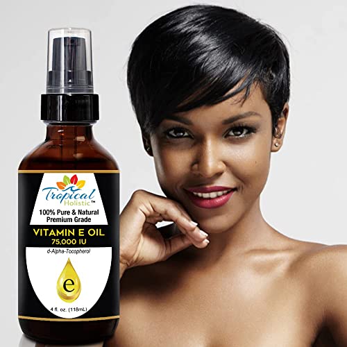 Tropical Holistic 100% Pure Vitamin E Oil 4Oz - Extra Strength 75,000 Iu, Unrefined Natural Face Moisturizer For Skin, Scars, Nails, Hair Growth, Wrinkles, Dark Spots - Premium Grade Antioxidant #TOP5