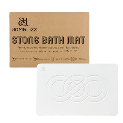 Homblizz Stone Bath Mat - Diatomaceous Earth Bath Mat Non-Slip Shower Mat, Fast Dry Stone Bath Mat for Bathroom - Modern & Unique Bathroom Decor, Easy-to-Clean, 24 x 16 Inches (White)