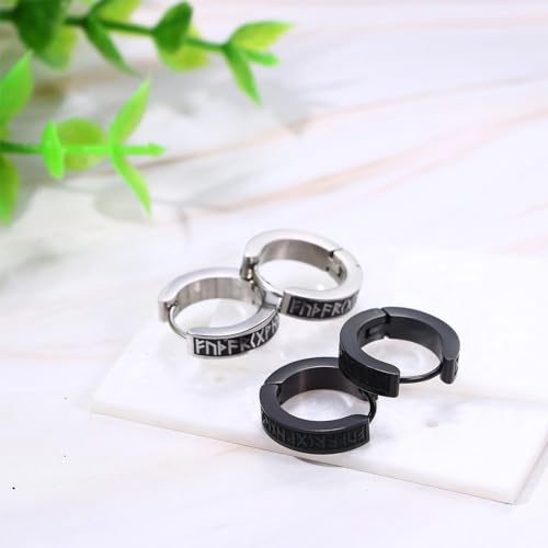 Aroncent Viking Runes Hoop Earrings: 2 Pairs Sturdy Stainless Steel Norse Viking Small Huggie Earrings Amulet Punk Jewelry Gift for Men Women by Aroncent - Image 3