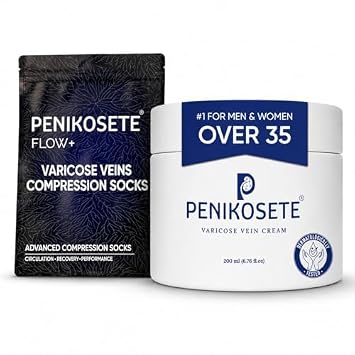 PENIKOSETE Varicose & Spider Vein Ashwagandha Cream + 20 mmHg Bamboo Charcoal Graduated Compression Socks Bundle | 6.76oz Full-Size Jar S/M | Swollen, Tired & Heavy-Looking Legs | Men & Women