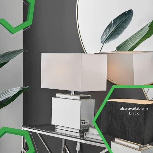 Furniturebox UK Lighting - Saanvi Table Desk Lamp Light (Including Bulb) - Mirrored Statement Base with Oversized White Rectangular Fabric Lampshade - Glam Elegant Modern Retro Statement Lamp