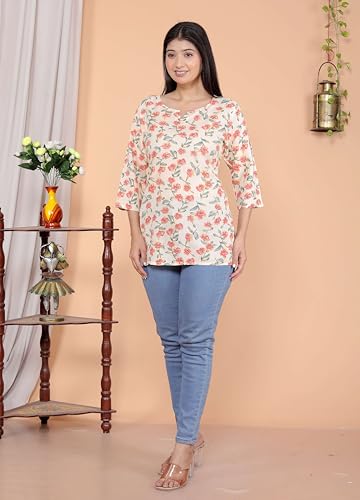 Image of NUVIRA Women's Rayon Printed Short Kurti Stylish Kurta for Women Trendy Short Kurta for Daily & Office Wear PR27 White