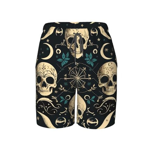 HERRECX Skull Abstract Moon Phases Mystic Vintage Boys Swim Trunks Swim Board for Teen Kid Shorts Surf Swimming Beach Trunks X-Large Black