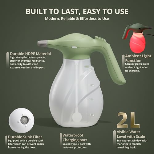Image of Kraft Seeds 2L Electric Garden Sprayer for Plants - USB C Rechargeable Spray Bottle, 3.7V 3W Lithium Battery, 1.8-2.0 Bar Pressure, Dual Nozzle Mist & Jet Water Spray Pump for Gardening, Car & Home