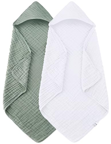 Image of Spotted Play 2 Pack Hooded Baby Towels - 100% Muslin Cotton for Newborns, Infants, Toddlers - Large 32x32Inch Size - Highly Absorbent and Essential for Newborn Care, White and Green