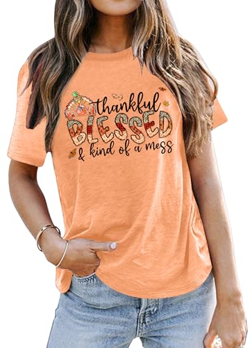 Thanksgiving Shirts for Women Thankful Blessed and Kind of A Mess T Shirt Thankful T-Shirt Casual Autumn Tops2