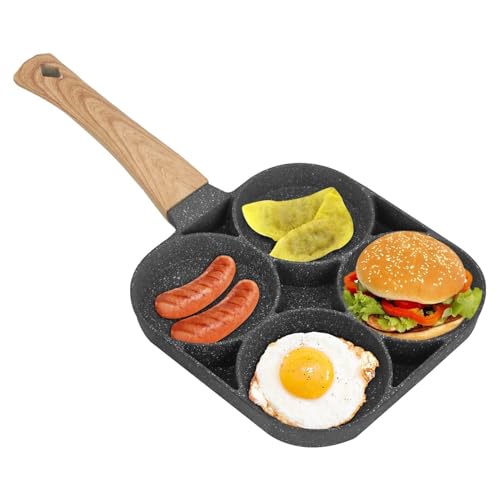 4-Hole Egg Frying Pan Multi Nonstick Pancake Maker with Wooden Handle Induction Hob Compatible Poached Egg Pan & Breakfast Cookware (Black 4 Hole)