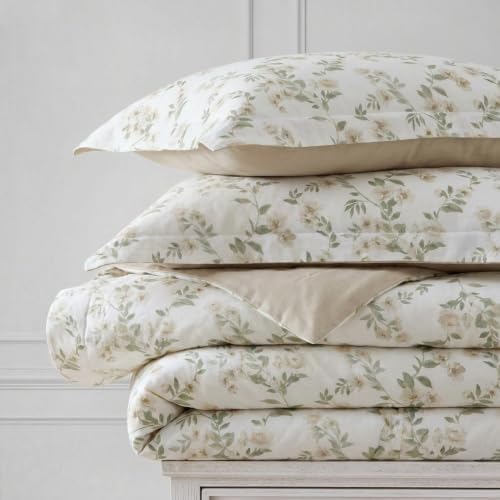 Image of Martha Stewart - Queen Comforter Set, Soft Cotton with Crisp & Tailored Naturally Smooth Cotton Percale Reverse, 3 Piece Bed Set with Matching Pillowcases (Hazel Floral Beige)