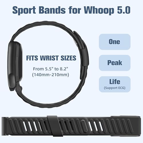 Image of VEMIGON Silicone Sport Band Compatible with Whoop 5.0 One /Peak, Life /MG, Breathable, Adjustable Waterproof Replacement Wristband Strap with Stainless Steel Frame Connector, NOT for Gen 4.0(Band only)