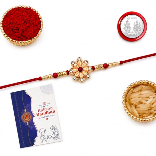 Image of Periapt Multicolor Floral Designer Rakhi for Brother with Roli Chawal, Decorative Shagun Coin & Greeting Card | Gold-Toned Stone Rakhi Gift Set for Raksha Bandhan