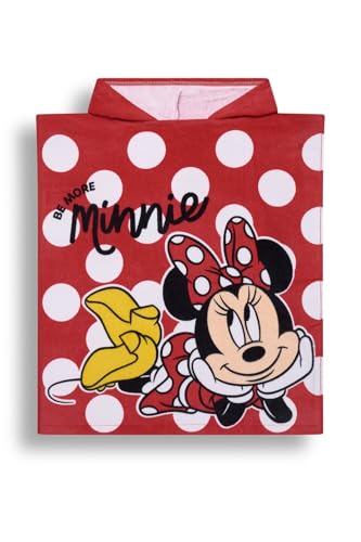 Image of Disney Minnie Mouse Girls Poncho Towel - Hooded Cotton Towelling Slip On Beach And Pool Cover Up, Red And White Polka Dot Minnie Mouse Graphic, Kids Bath Poncho