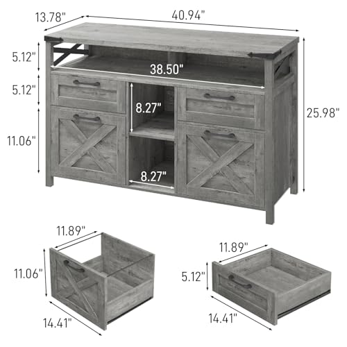 Halitaa Farmhouse File Cabinets 4 Drawer with Adjustable Shelf, Filing Organization Storage Cabinets with Open Storage Shelf for Home Office,Lateral Filing Cabinet for Hanging Files Letter/A4.Grey - Thumbnail 2