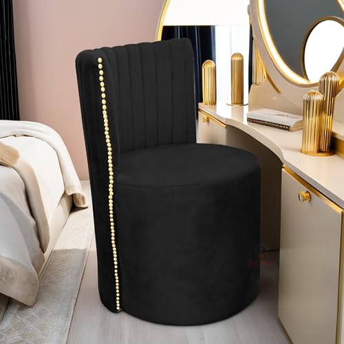 Image of Luxury Velvet Ottoman Chair Pouffe Stool-Modern Round Soft-Padded Chair for Dining Room, Living Room /Cafeteria Seating /Bedroom and Dressing Area /Ottoman with Backrest (Black)