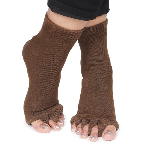Image of Aegon Foot Alignment Socks Cotton | 5 Toe Separator | For Foot Pain Relief | Bunion Corrector | Hallux Valgus | Plantar Fasciitis | 1 Pair (Brown)