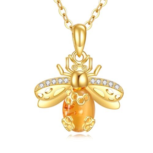 DOVRAN 14K Solid Gold Bee Amber Necklace for Women Gold Bee Pendant Jewelry Birthday Christmas Gift