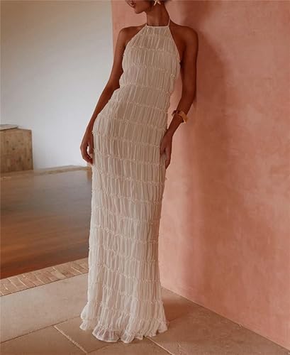 Image of Women Halter Ruched Maxi Dress Backless Sleeveless Long Dress Bodycon See Througn Pleated Sundress Beachwear
