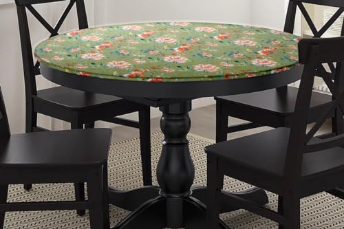 Image of The Furnishing Tree Elastic Cotton Round Dining Table Cover 40x40 in Inches Floral Multicolor on Greenish Base