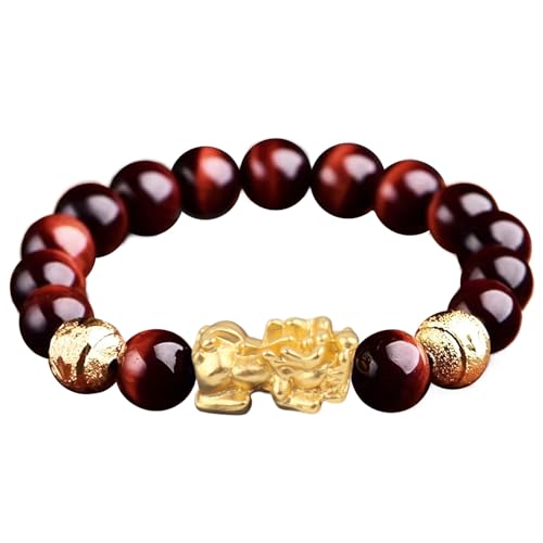 LOTONTJ Feng Shui Pixiu Bracelet Prosperity Red Tiger Eye Stone Vietnamese Gold Pi Yao Wealth Bracelet Beaded Crystal Bangle Natural Gem Healing Chakra Bracelet Amulet Money Good Luck,10mm